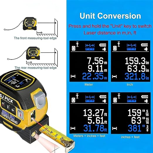 Voice Intelligent Tools Tape Measure 3-in-1 Laser Digital Measuring Tape Ruler-LCD Backlight 5M/16Ft Tape & Laser 80m/262Ft Rangefinder,Crosshairs Markings,Data Storage (Yellow, 80m/262ft)