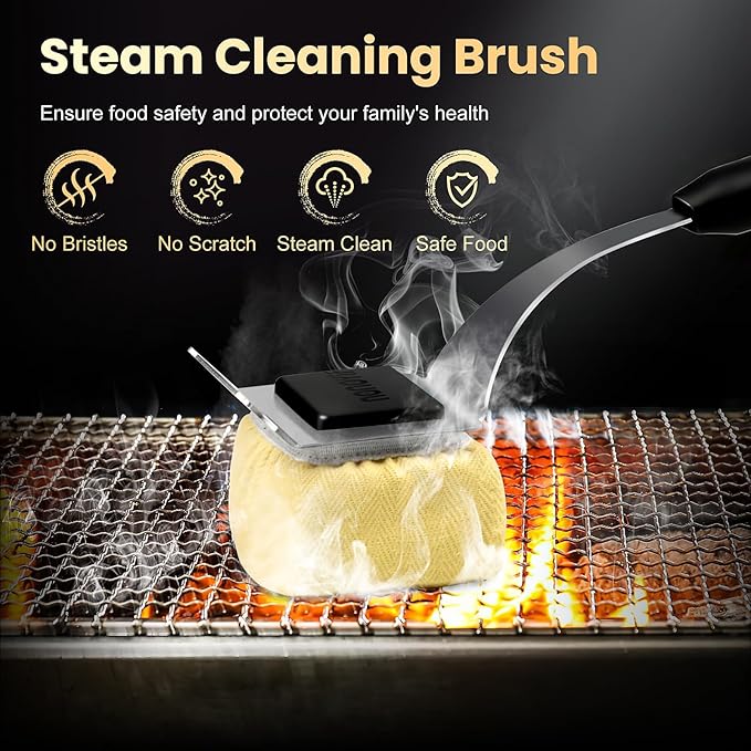 Grill Brush Bristle Free with 5 Replaceable Pads, BBQ Grill Brush Replaceable Cleaning Head, Grill-Cleaner Brush for Cast Iron/Stainless Steel Grates, Gift for Men Dad-Black
