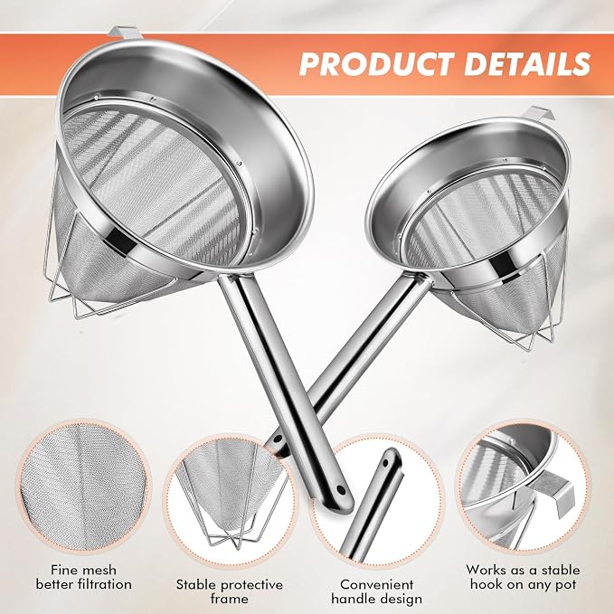 Nuogo 2 Set Stainless Steel Chinois Strainer Fine Mesh Metal Food Bouillon Sieve Strainer Cone Fine Mesh Strainer with Handle and Silicone Spatula for Sauce Jam Jelly Tea(10 Inch+8 Inch)