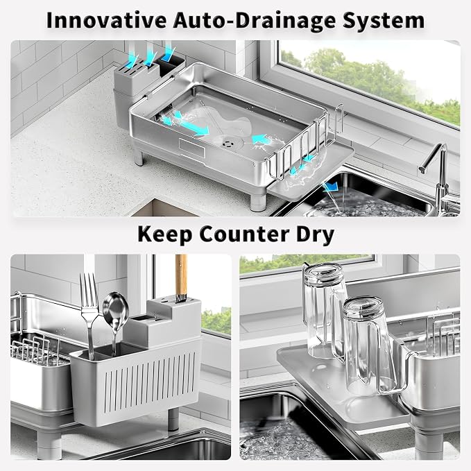 Dish Drying Rack, 304 Stainless Steel Dish Racks for Kitchen Counter | Dish Drainers with Automatic Drainage, Utensil Holder & Cups Holder, Space Saving Kitchen Organizer, Gray