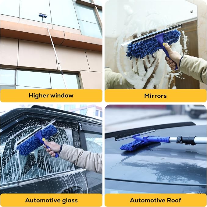 Kleen Handler 2-in-1 Window Squeegee with 4–12 ft Telescopic Extension Pole, Window Washing Kit for Home & Commercial Glass Doors, High Windows, 2 Sleeves Included
