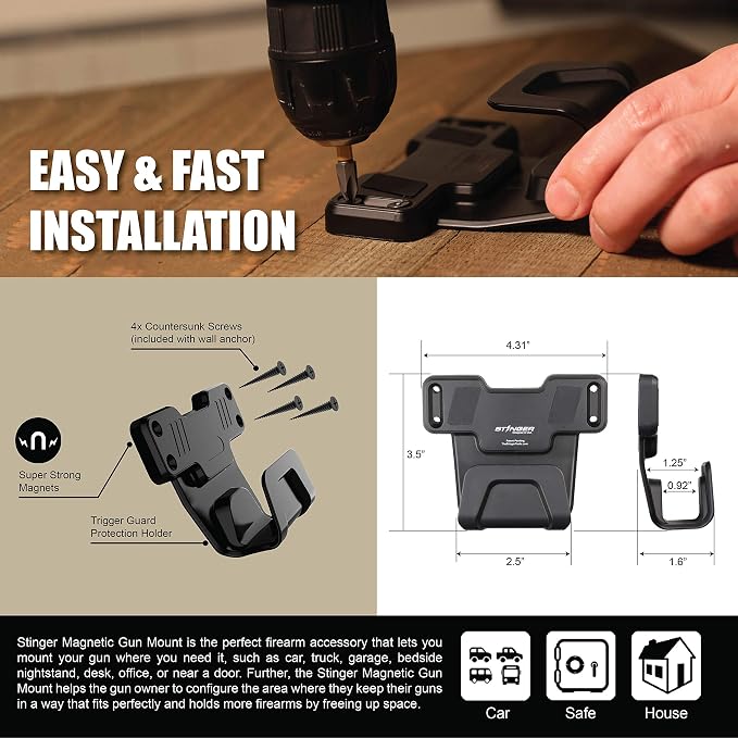Stinger Magnetic Gun Mount Rack w/Trigger Guard Protection, Gun Holder Conceal in Car, Truck, Vehicle, Desks, Safes, Walls, Gun Magnet for Handgun Rifle Shotgun Pistol Revolver