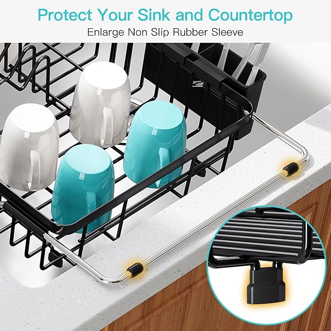 JASIWAY Black Dish Drying Rack Over the Sink with Utensil Holder | Expandable Stainless Steel Dish Driainers for Small Kitchen, Counter Space Saving, Fast Drain, Rust Resistant, For Apartment