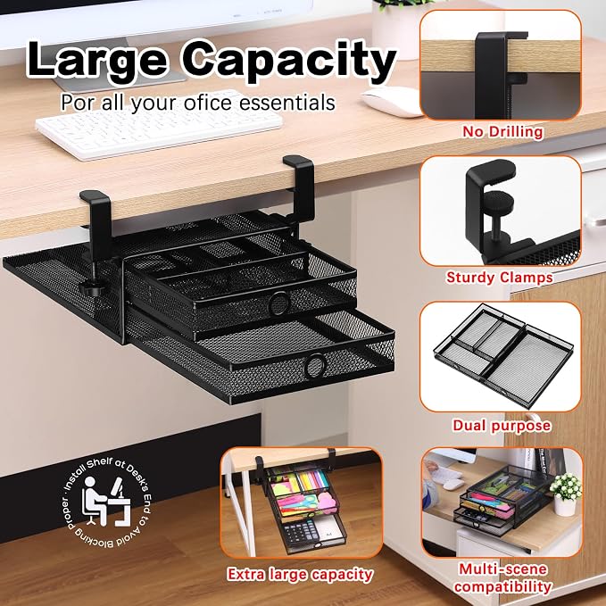 ROSYLINE Under Desk & Desktop Drawer Organizer, 2-Tier Big Capacity (Black) | Steel Construction, Clip-On No Drill Installation, Fits A4 Paper, for Office & Household Supplies