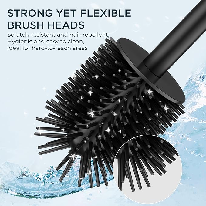 FORIOUS Tall Toilet Brush and Holder Set, Heavy Duty 304 Stainless Steel Base Square and Long Handle for Bathroom Deep Cleaning, Drip-Proof, Space Saving for Storage, 2 Toilet Bowl Brush Head, Black