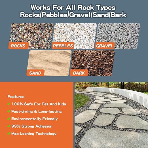 Rock Glue,1 Gallon 99% Stronger Bond Gravel Binder for Pea Gravel, Pebble&Stone-Stop Shifting, Reduce Mess, Strong Hold for Yards, Patios, Garden Walkways, Pet Safe Mulch Bond for Landscaping