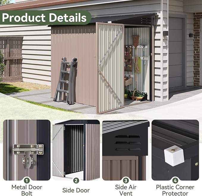 Aoxun 4x6 FT Lean to Shed Outdoor Storage Shed, Brown | Lockable Doors & Slooping Roof, Metal Garden Tool Shed for Backyard, Bike Shed for Patio, Poolside