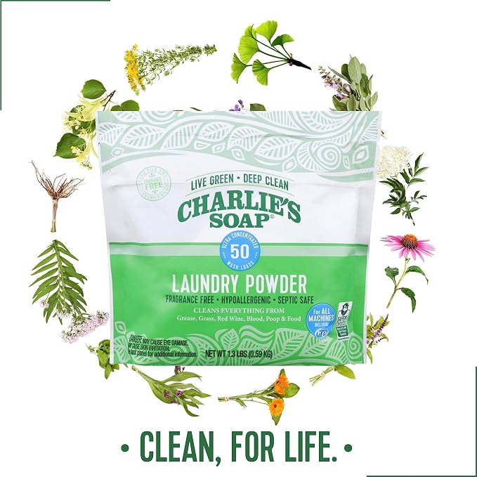 Charlie's Soap Unscented Laundry Powder, 300 Loads | Concentrated Detergent for Standard & HE Washers (Six 50-load Bags, 300 Total Loads)