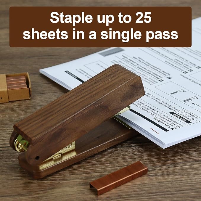 MultiBey 5-Piece Walnut Desk Set, Wood Stapler and Tape Dispenser, 4x6 Wooden Sticky Note Holder, 1000 Pcs Rose Gold Staples & Tape | Elegant Wood Desk Accessories for Office Home School