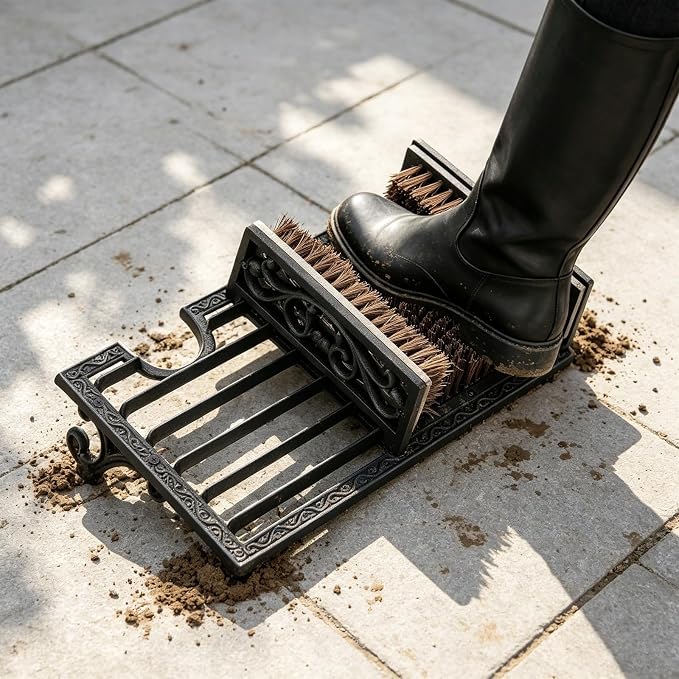 Cast Iron Boot Scrubber with Heel Remover & Brush | Black Heavy Duty Boot Scraper with Brush, Durable Outdoor Boot Cleaning Tool for Muddy Shoes for Porch Garage Entryway