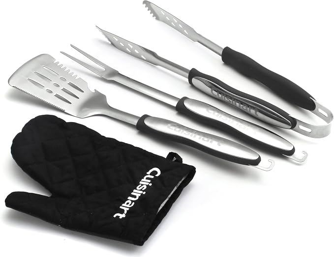 Cuisinart 3‑Piece Stainless Steel BBQ Grilling Tool Set with Grill Glove – Outdoor Grill Accessories, Perfect Grilling Gift for Men, Dads & Grill Masters, CGS-134BL