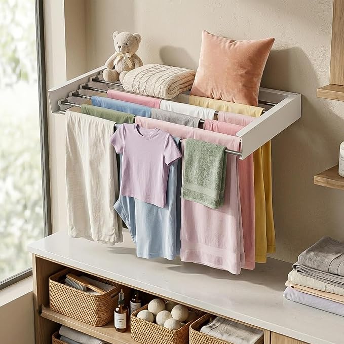 Wall Mounted Clothes Drying Rack Collapsible, Pure Stainless Steel Folding Laundry Drying Rack for Indoor Outdoor Use, Heavy Duty Wall Mounted Clothes Rack White