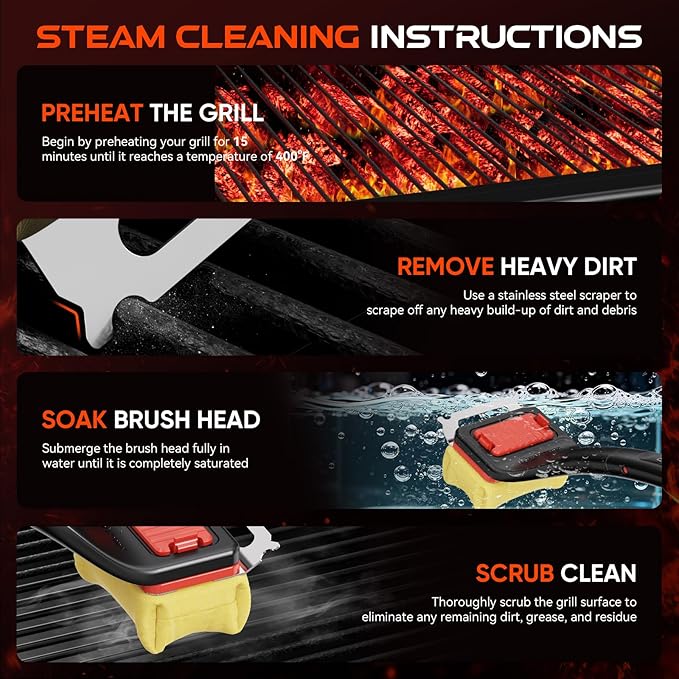 NEWKITCHEN Grill Brush Bristle-Free Steam Cleaning, Long Handle BBQ Brush Replaceable Head with Grill Scraper, Barbecue Grill Cleaner for All Grill Types (2 Pack Cleaning Head)