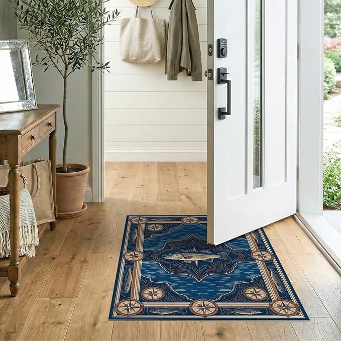 2'x3' Washable Area Rug Bass Nautical Wildlife Lake Map Border Lure Tackle Fish Fishing Refined for Entryway, Kitchen, Laundry Room, Stain Resistant Thin Throw