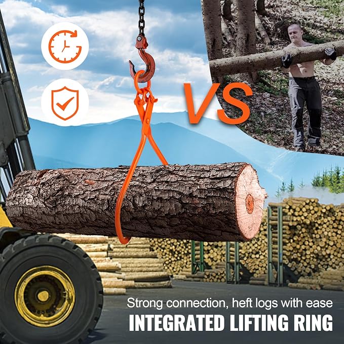 VEVOR Log Skidding Tongs, 32 inch 2 Claw Log Lifting Tongs, Heavy Duty Steel Lumber Skidding Tongs, 1543 lbs/700 kg Loading Capacity, Log Lifting, Handling, Dragging & Carrying Tool