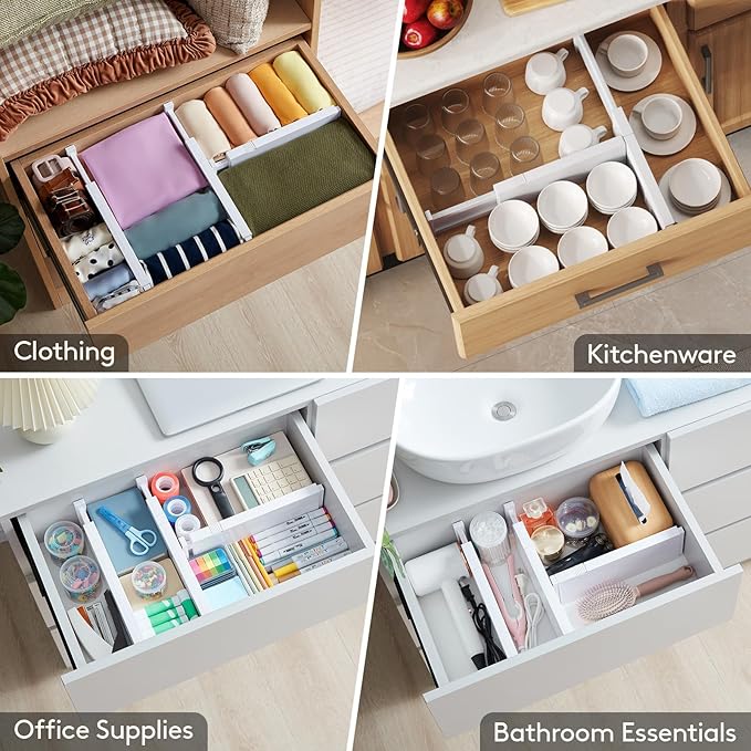 Lifewit 12 Pack Upgrade Drawer Dividers for Clothes, 4" High 11-17" Adjustable Dresser Drawer Organizers, Expandable White Plastic Drawer Separators for Kitchen, Nursery, Office Organization & Storage