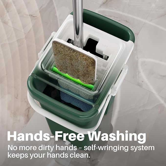 JOYMOOP Commercial Mop and Bucket Set, 17.7-inch Dust Mops for Floor Cleaning, Flat Mop Bucket with Wringer, Include 5 Reusable Microfiber Mop Pads - Forest Green