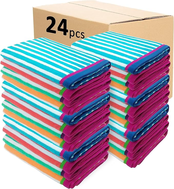 Kaufman - Colorful Racing Striped Beach & Pool Towel - Extra Large Beach Towel - Soft & Absorbent 100% Cotton Towels - Assorted Colors - 32" x 62" - 24 Pack