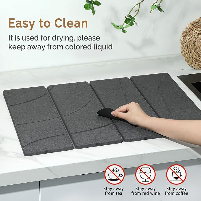 Large Stone Dish Drying Mat for Kitchen Counter, 2 PCS Quick Dry Stone Mats, Foldable Water Absorbing Diatomaceous Earth Drying Dishes Pad for Countertop Bottle Utensil Cup(Carved Gray 24"x16"&8"x4")