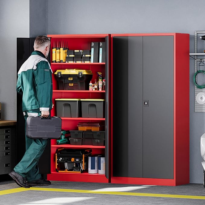 Metal Storage Cabinets with Lock, 72" Tall Locker Organizer Steel Cabinets, Adjustable Layers Shelves 2 Doors for Home, Office, Warehouse,Garage(Black Red)