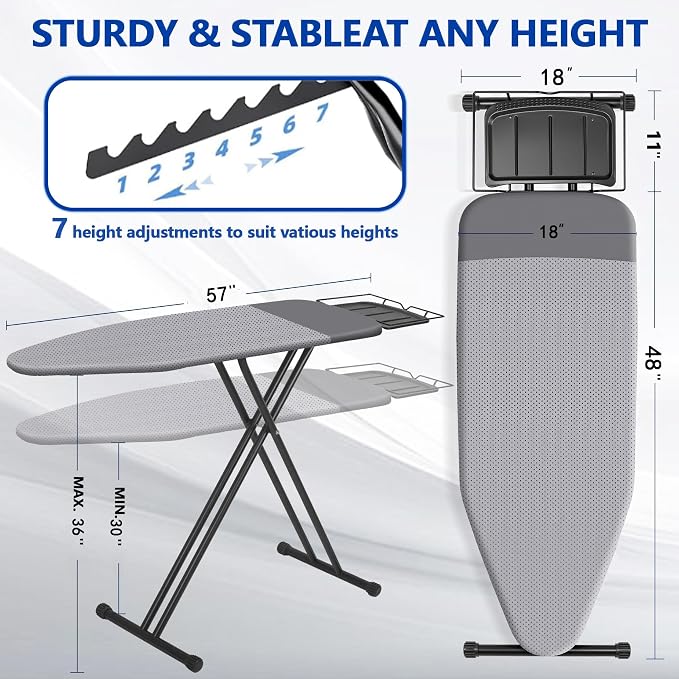 UFETGYG Classic Full Size Ironing Board,Extra Wide Size Full Metal Construction,57" X 18" with Iron Rest, Height Adjustable, Heat & Scorch Resistant Fabric, Anti-Skid Feet, Thickened Padding