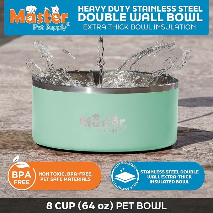 Master Pet Supply Stainless Steel Dog Bowls - 64 oz, Heavy Duty - Pistachio, Double Wall Extra-Thick Insulated, Non-Slip Pet Water Bowl for Dogs, Cats & Pets, Anti Rust Metal, Dish Washer Safe