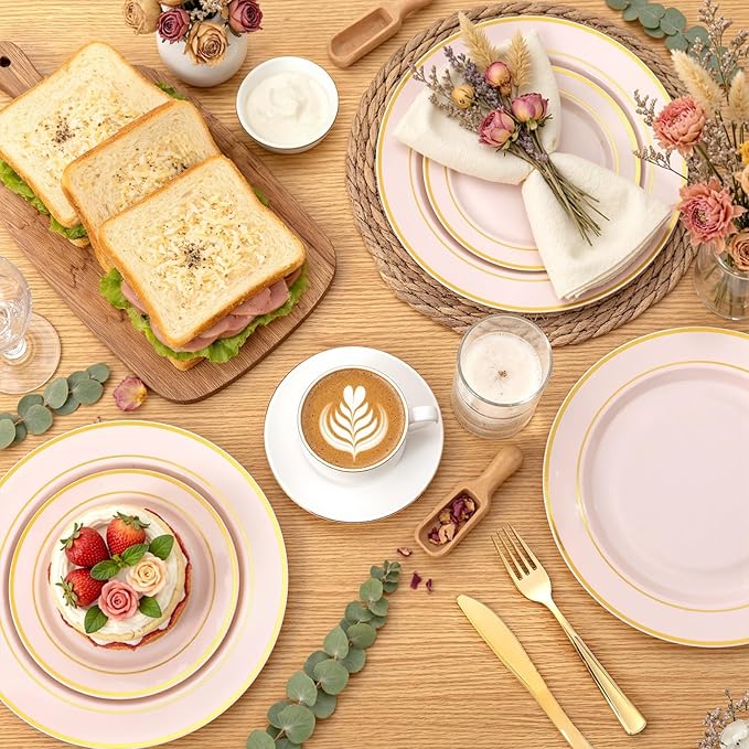 WDF Partyware 350PCS Pink Disposable Plates - Pink Plastic Plates 50Guests Plastic Dinnerware Sets with Rolled Napkins for Wedding/Birthday/Baby shower