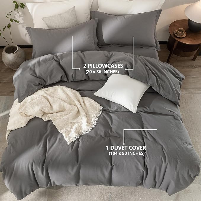 Dark Grey Duvet Cover King Size Bedding Set Cover 100% Washed Cotton Duvet Cover with Zipper Closure and 2 Pillowcases, 104inch x 90inch