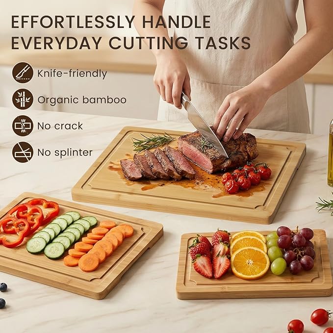 Extra Large Cutting Board Set of 3, Bamboo Cutting Boards for Kitchen with Juice Groove and Handles Kitchen Chopping Board for Meat Cheese board Heavy Duty Serving Tray, Empune