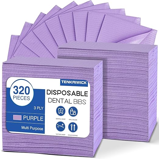 320 Pack Disposable Dental Bibs 13"x18", 3-Ply Waterproof Tattoo Bibs Sheet for Nail Salon, Dental Clinic, Feeding, Tattoo Shop (Purple)