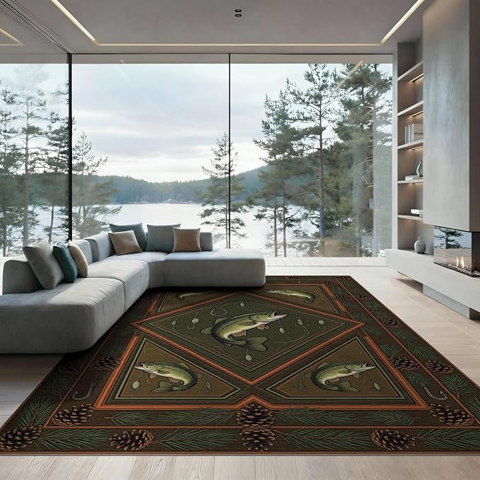 8'x10' Washable Area Rug Bass Lure Cabin Pinecone Hook Border Tackle Motif Fish Fishing Refined for Dining Room, Large Office, Lounge, Non-Slip Chair-Friendly