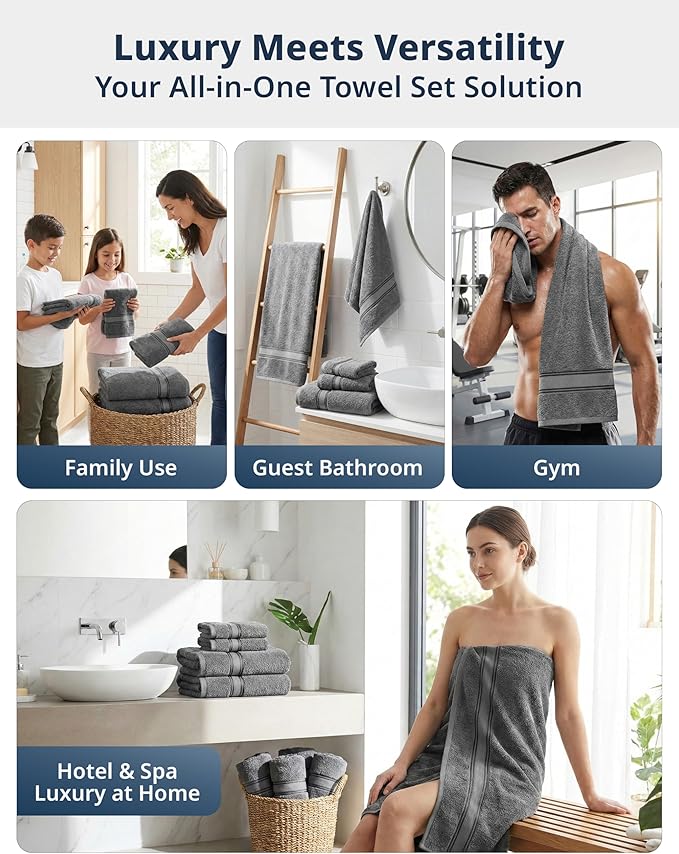 LANE LINEN Bath Towel Set of 12 – Premium 100% Cotton Towels for Bathroom, 4 Bath, 4 Hand & 4 Washcloth, Zero Twist, Hotel Collection Towels, Gentle on Body, Absorbent & Ideal for Everyday Use – Grey