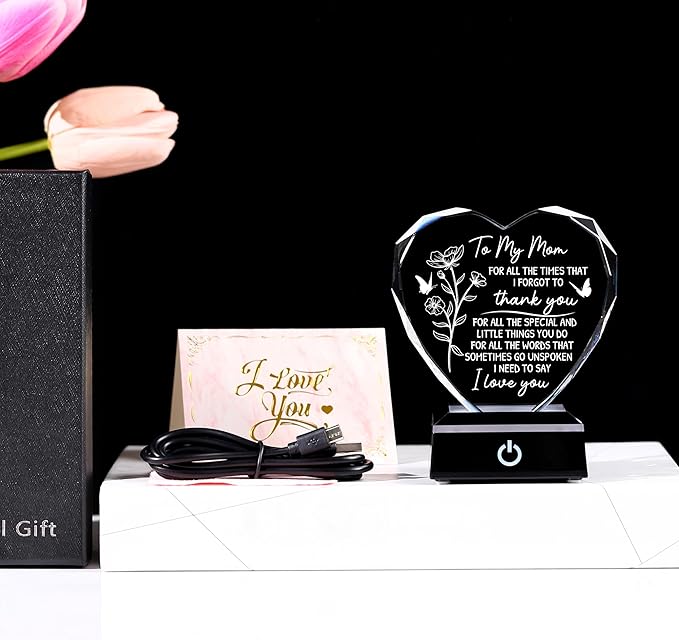 ZHSHWAT to My Mom Crystal Heart Keepsake, Engraved Crystal Gifts for Mom from Son Daughter, LED Color Changing Light Base Plaque for Mother's Day Christmas Birthday Gifts