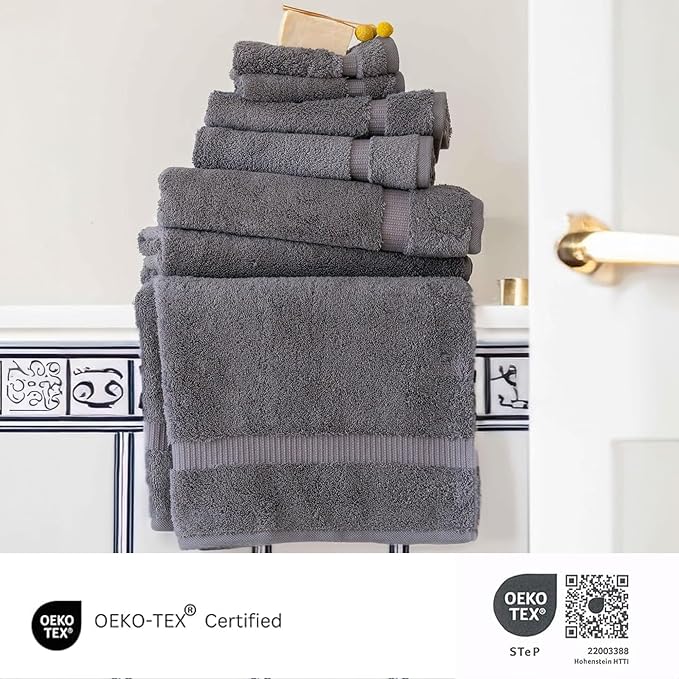 SALBAKOS 100% Turkish Cotton Bathroom Towel Set of 6-Piece, Gray | 630 Gsm Thick Super Soft Highly Absorbent 2 Bath + 2 Hand + 2 Washcloth Towels Sets, Giftable, Hotel Quality, Made in Turkey