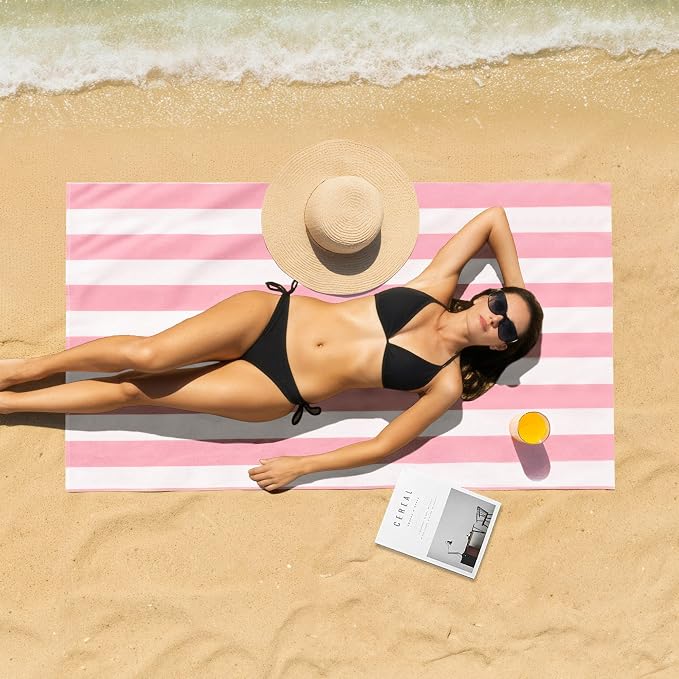 Touchat 4 Pack Beach Towels Cabana Stripe Polyester Lightweight Quick-Dry Swim Pool Towel, 30'' x 60'' Oversized Compact Travel Bath Towel, Camping | Ultra-Portable, Multi-Functional, Pink