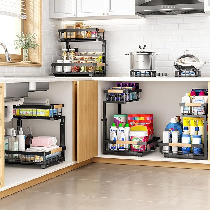 PXRACK Under Sink Organizer, Adjustable Height, 2 Tier Pull Out Under Cabinet Organizer, Slide Out Thickened Metal Under Sink Storage for Kitchen Bathroom Laundry Pantry Cabinet, Black, Large-1-Pack
