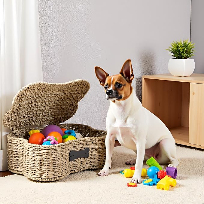 Morezi Personalized Dog Toy Basket bin Box with lid Bone Shape Designed Great for organizing pet Dogs Cats chew Toys leashes Clothing in Living Room Area playroom Closet Shelf Gift Basket