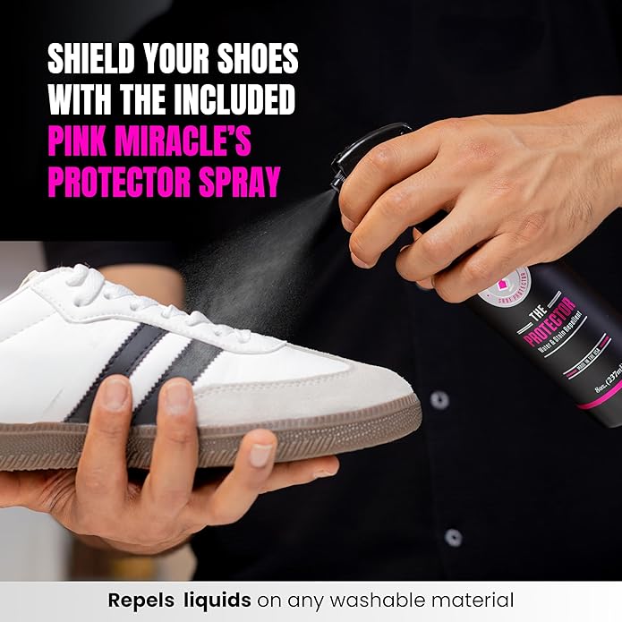 Pink Miracle Shoe Care Kit - Includes 8 oz. Shoe Cleaner and Brush, The Protector Sneaker Repellent Spray, Shoe Cleaning Wipes (5), and a Microfiber Towel