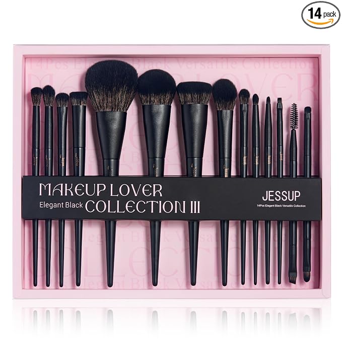 Jessup Makeup Brushes Set Jessup Make up Brushes 14Pcs Black Kabuki Foundation Eyeshadow Contour Concealer Powder Eyeliner Crease Eyebrow Blending Brush with Gift Box, T336-G