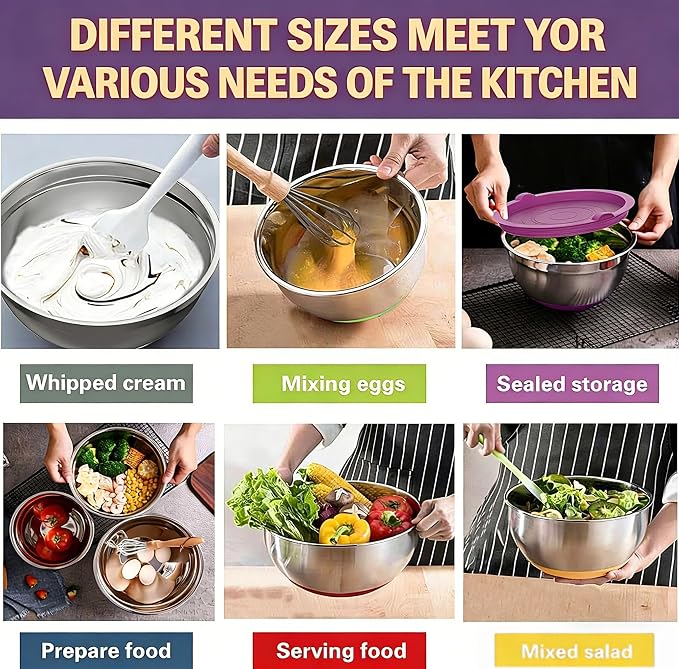 Umite Chef Thickened Heavy-Duty 26pcs Stainless Steel Bowl, Mixing Bowl Set with Lid, Grater Attachment, Colorful Non-Slip Bottom and Kitchen Gadget Set, Sizes 7, 4, 2.5, 2.0, 1.5, 1QT
