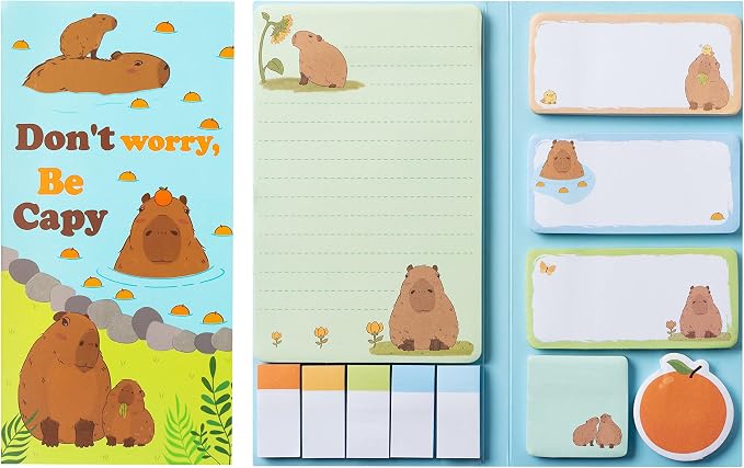 Xqumoi Don't Worry Be Capy Sticky Notes Set, 550 Sheets, CAPY and Orange Pattern Self-Stick Notes Pads Animal Divider Tabs Bundle Writing Memo Pads Back to School Office Supplies Small Gift