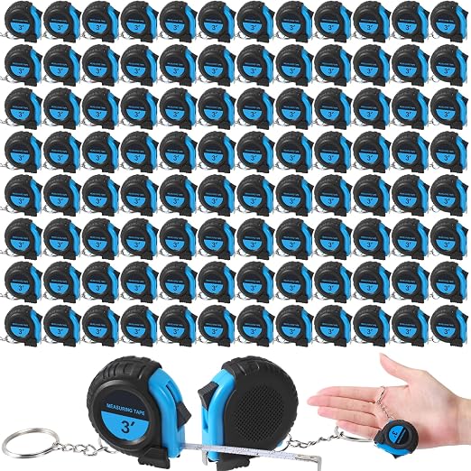 Xuhal 100 Pcs Mini Measuring Tape Keychains Small Measuring Tape Bulk Set 3ft Retractable Measurement with Pause Buttons for Engineer Crafter, Autowind and Lock (Blue)
