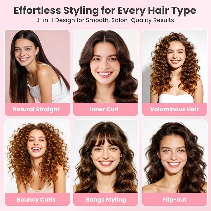 Thermal Brush, Infrared Heated Round Brush with 100M Negative Ions, Hot Brush for Volume, Curling & Straightening, 5 Heat Settings, Dual Voltage Hair Styler, Anti-Frizz Shine, All Hair Types-Pink