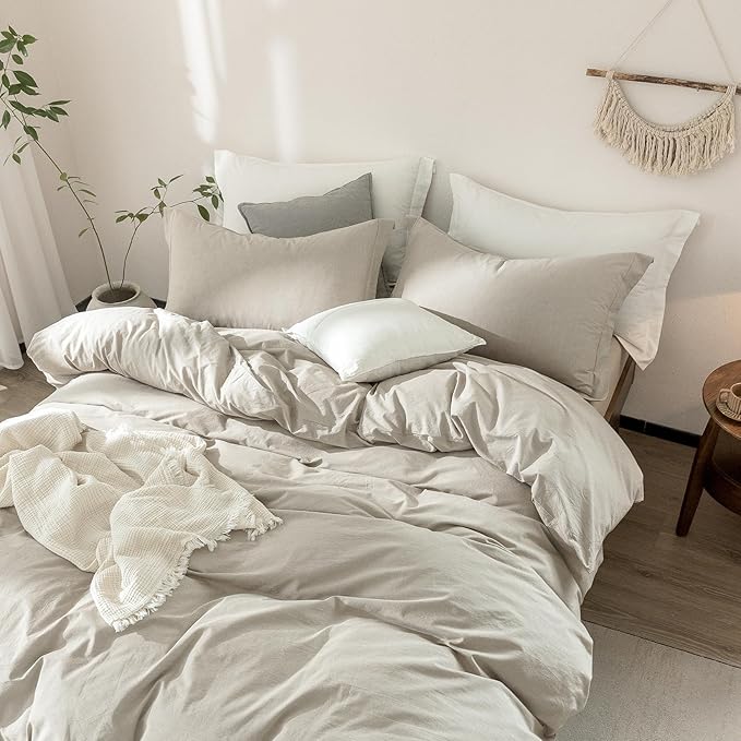 Linen Grey Duvet Cover Super King Plus Size 120inch x 120inch,100% Washed Cotton Duvet Cover with Zipper Closure and 2 Pillowcases, Color of New Nature Linen
