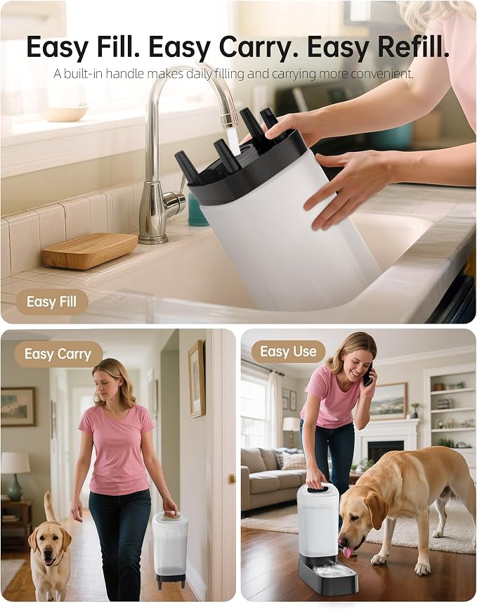Automatic Dog Water Bowl Dispenser with Filter - 2.4 Gal Large Gravity Auto Pet Water Feeder Waterer with Stainless Steel Bowl & Easy Carry Handle for Large Dog Cat Multi Pet Use