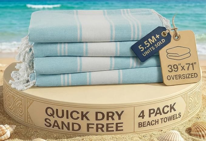 LANE LINEN Oversized Beach Towel - Beach Towels 4 Pack, Pre-Washed Pool Towel, Extra Large Beach Towel, Quick Dry & Sand Free, Lightweight Travel Towel, 39"x71" - Aqua | Pre-Washed Pool Towel - Quick Dry & Sand Free - 39"x71", Vacation Essential - Trav...