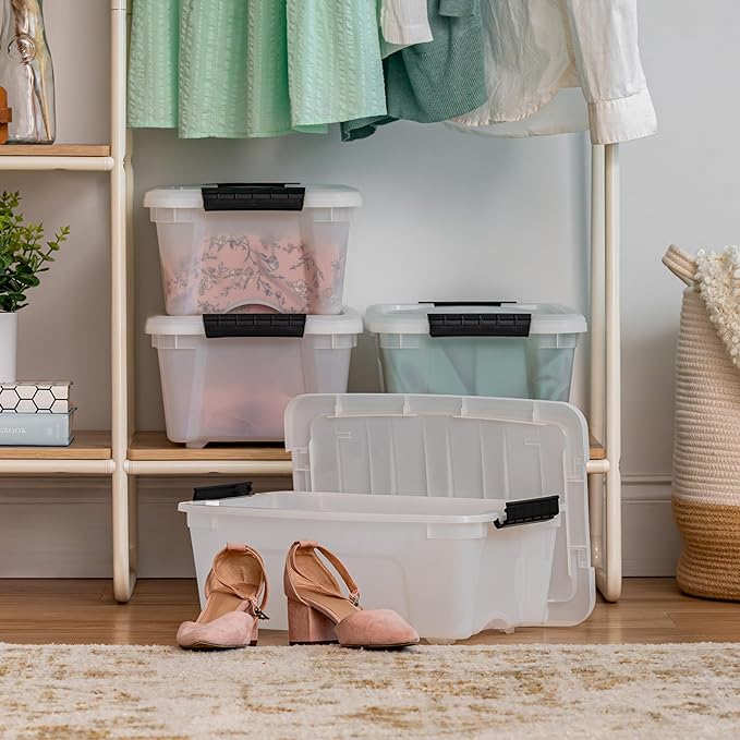 IRIS USA 4-Pack 13 Quart Storage Bins with Lids, Pearl | Conceals contents for a clean look. Ideal for shoes, photos, documents, and small essentials. Nestable design saves space