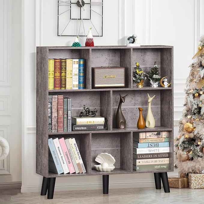 LEYAOYAO 8 Cube Bookshelf,Mid-Century Modern Bookcase with Legs,Dirty Grey | 3 Tier Book Shelf,Rustic Wood Bookshelves Freestanding Large Storage Organizer, Open Shelves for Bedroom, Living Room, Office