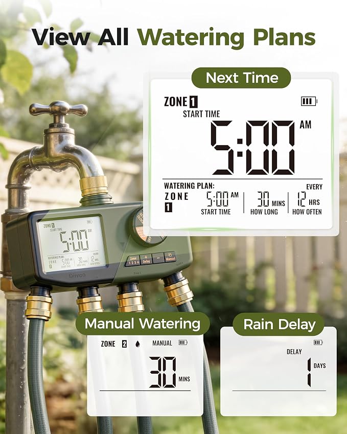 Diivoo 4 Zone Sprinkler Timer with Brass Inlet, IP68 Waterproof Water Timer,for Garden Hose with Large Display, Digital Control & Rain Delay & Manual Watering for Lawn, Yard