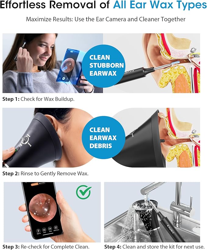 KAUGIC Ear Wax Removal Kit with Camera – Ear Cleaner Tool for Safe & Effective Ear Care – Includes Ear Camera for Visual Inspection & Gentle Ear Irrigation System – Complete Ear Cleaning Solution | Complete Ear Cleaning Kit, Visual, Waste Collection Ta...